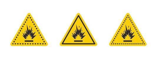 Blasting area caution warning sign. Warning sign explosives liquids or materials. Explosives substances icons set. Vector icons