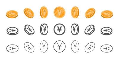 Yen or Yuan coins. Rotation of icons at different angles for animation. Coins in isometric. Vector illustration