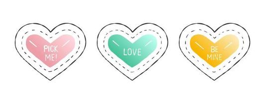 Hearts icons set. Cute hearts with different inscriptions. Hand-drawn hearts. Vector illustration