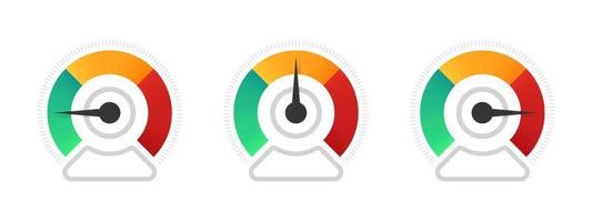 Modern speedometer, tachometer, indicator icons. Performance measurement. Risk meter. Vector illustration