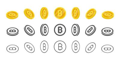 Bitcoin coins. Rotation of icons at different angles for animation. Coins in isometric. Vector illustration