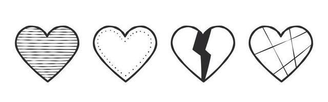 Heart icons set. Hearts drawn by hand with different textures. Vector images