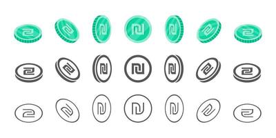 Israeli Shekel Coins. Rotation of icons at different angles for animation. Coins in isometric. Vector illustration