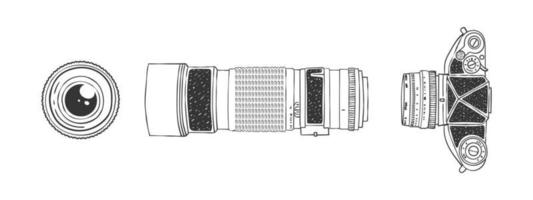 Camera and lens top view. Camera and Lens Sketch. Hand-drawn image. Vector illustration