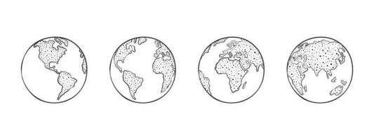 Set of globes of Earth. World map in globe shape Hand-drawn. Vector icons