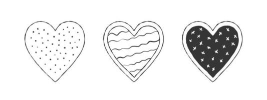 Cute hearts. Black hearts with texture. Hand-drawn hearts. Vector illustration