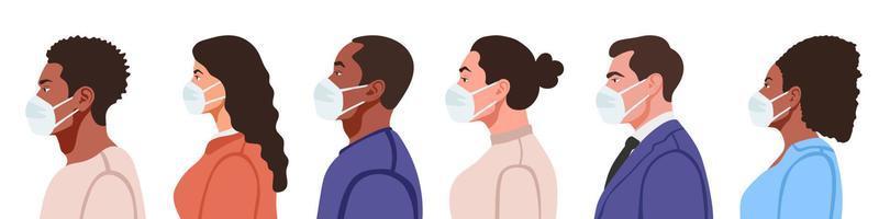 People wearing medical masks. Head profiles. Face profile. Vector illustration