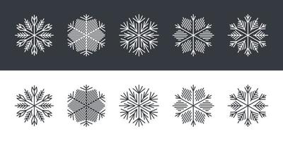 copos de nieve de diferentes formas. copos de nieve en estilo plano sobre fondo blanco y negro. ilustración vectorial vector