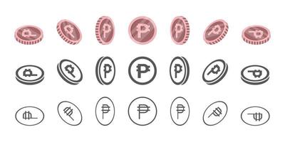 Philippine peso coins. Rotation of icons at different angles for animation. Coins in isometric. Vector illustration