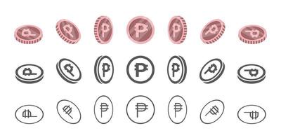 Philippine peso coins. Rotation of icons at different angles for animation. Coins in isometric. Vector illustration