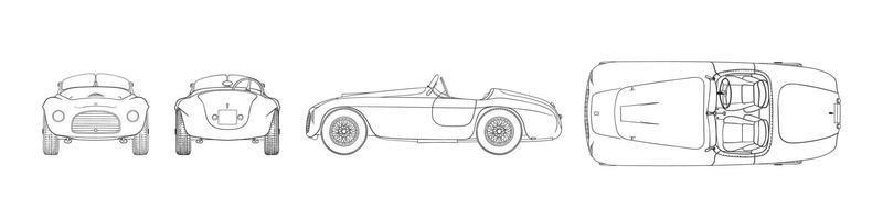 Retro car. Hand drawn car front back top and side view. Vector illustration