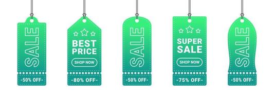 Price tag set. Paper labels with cord. Template green labels. Vector illustration