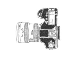 Camera picture. Modern camera. Camera and Lens Sketch. Hand-drawn image. Vector illustration