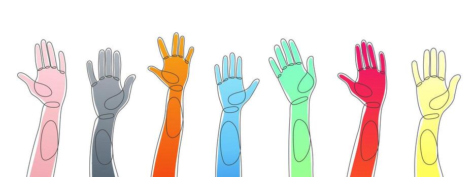 Hands in a single line style. Hands up in the air. Vector illustration