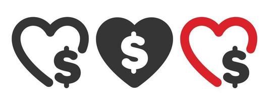 iconos de donación. corazón con un signo de dólar. iconos de caridad. signos relacionados con las donaciones. ilustración vectorial vector