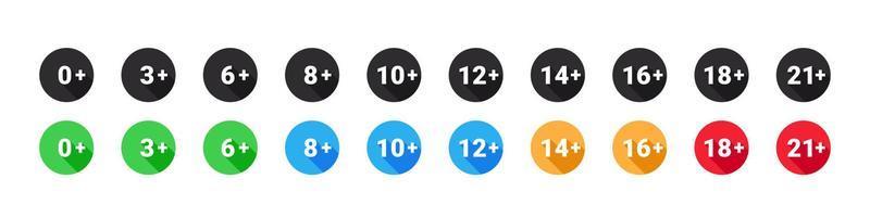 signos de restricción de edad. marcar limite de edad. límite de edad recomendado. iconos vectoriales estilo plano vector