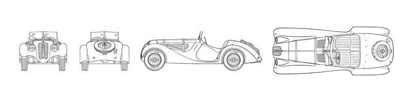 Sketch retro car. Hand drawn car front back top and side view. Vector image