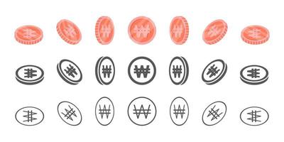South Korean won coins. Rotation of icons at different angles for animation. Coins in isometric. Vector illustration
