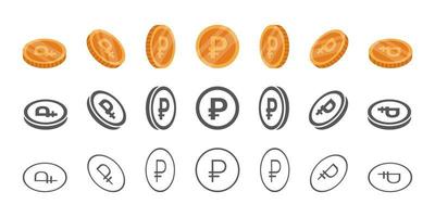 Coins roubles. Rotation of icons at different angles for animation. Coins in isometric. Vector illustration