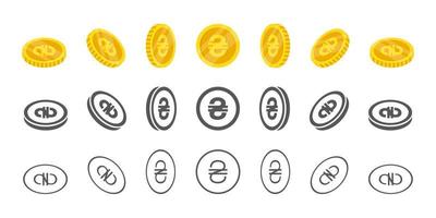 Coins of Ukrainian Hryvnia. Rotation of icons at different angles for animation. Coins in isometric. Vector illustration