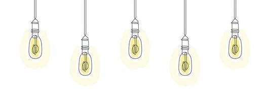 Retro light bulbs line art design. One line drawing of electric light bulbs. Vector illustration