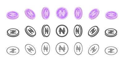 Nigerian Naira coins. Rotation of icons at different angles for animation. Coins in isometric. Vector illustration