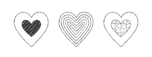 Cute hearts icons. Black hearts with texture. Hand-drawn hearts. Vector illustration
