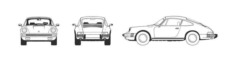 Sport car. Hand drawn car front back top and side view. Vector illustration