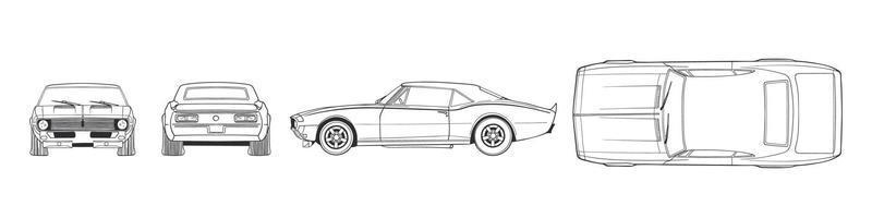 coche deportivo retro. Vista frontal superior y lateral del coche dibujado a mano. ilustración vectorial
