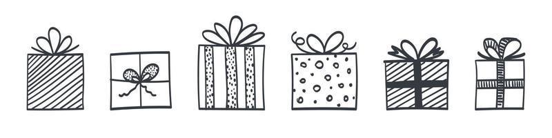 Hand drawn gift boxes icons. Gift boxes in the drawn style with different textures. Vector illustration