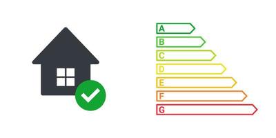 Energy efficiency. Energy efficient house with check mark. Green house symbol with energy rating. Vector illustration