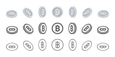 Thai baht coins. Rotation of icons at different angles for animation. Coins in isometric. Vector illustration