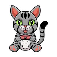 Cute egyptian mau cat cartoon holding food bowl vector