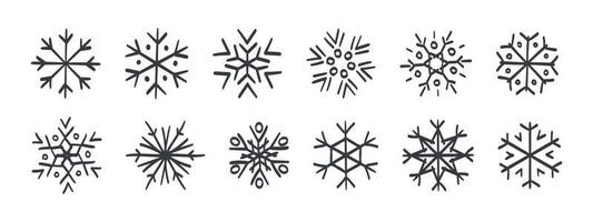 iconos de copos de nieve. conjunto de copos de nieve dibujados a mano. copos de nieve de diferentes estilos y formas. ilustración vectorial vector