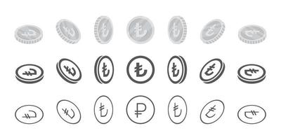 Turkish Lira coins. Rotation of icons at different angles for animation. Coins in isometric. Vector illustration