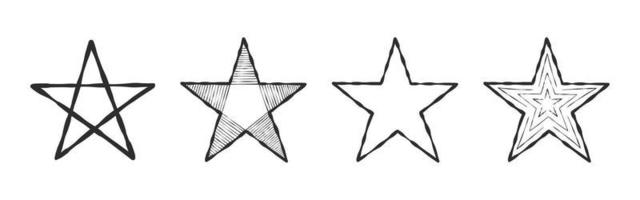 Stars. Five pointed star. Stars drawn by hand with different textures. Vector images