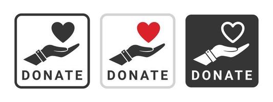 Donation icons. Heart badges on the hand. Charity icons. Donations related signs. Vector illustration