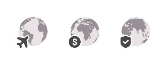 globos terráqueos con iconos de dólar. mapa del mundo en forma de globo. conjunto de iconos de globo terráqueo. ilustración vectorial vector