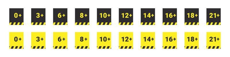 Age restriction signs. Age warning signs. Recommended age limit icons. Vector icons