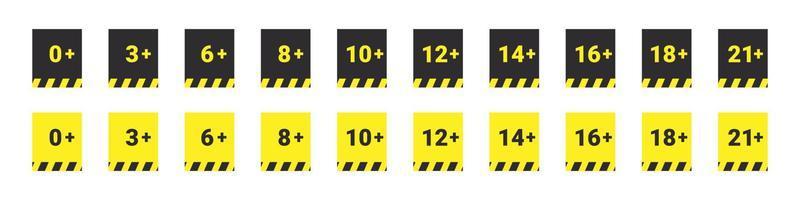 Age restriction signs. Age warning signs. Recommended age limit icons. Vector icons