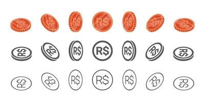 Brazilian coins. Rotation of icons at different angles for animation. Coins in isometric. Vector illustration