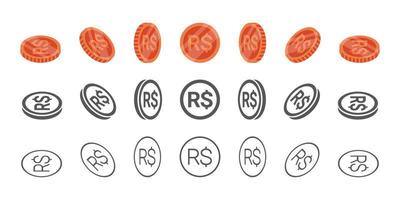 Brazilian coins. Rotation of icons at different angles for animation. Coins in isometric. Vector illustration