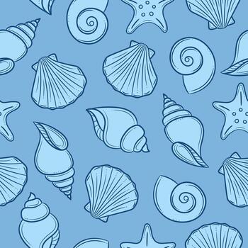 Blue seashell seamless vector pattern