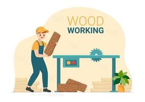 Woodworking with Wood Cutting by Modern Craftsman and Worker using Tools Set in Flat Cartoon Hand Drawn Template Illustration vector