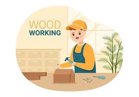 Woodworking with Wood Cutting by Modern Craftsman and Worker using Tools Set in Flat Cartoon Hand Drawn Template Illustration vector