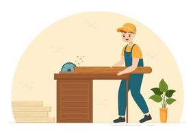 Woodworking with Wood Cutting by Modern Craftsman and Worker using Tools Set in Flat Cartoon Hand Drawn Template Illustration vector