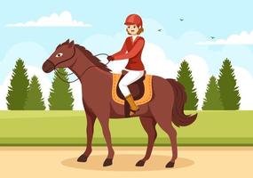 entrenador de caballos deportivos ecuestres con entrenamiento, lecciones de equitación y caballos de carrera en ilustración de plantilla dibujada a mano de dibujos animados planos vector