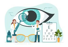 optometrista con oftalmólogo revisa la vista del paciente, la prueba ocular óptica y la tecnología de anteojos en dibujos animados planos dibujados a mano ilustración de plantillas vector