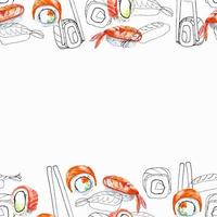 Seanless border asian restaurant seafood sushi doodle and watercolor illustration vector