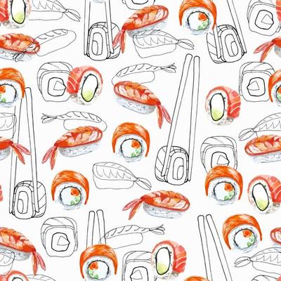 Seamless sushi pattern doodle and watercolor asian food background